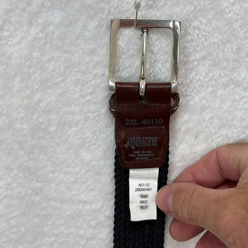 Duluth Trading Co Mens Braided Elastic Belt 2XL Black Leather Trim 40110